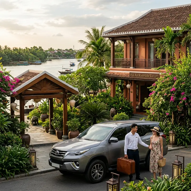 Xe SUV Faifo Express tiếp đón khách tại cổng Anantara bên sông Thu Bồn Hội An