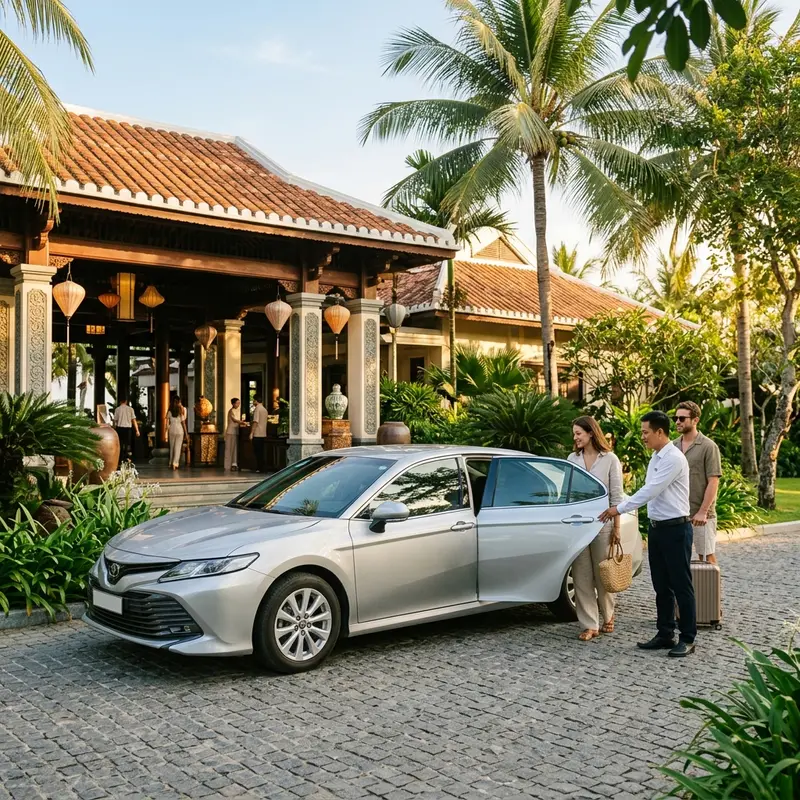Xe sedan Faifo Express đón khách tại cổng resort Four Seasons Nam Hải Hội An