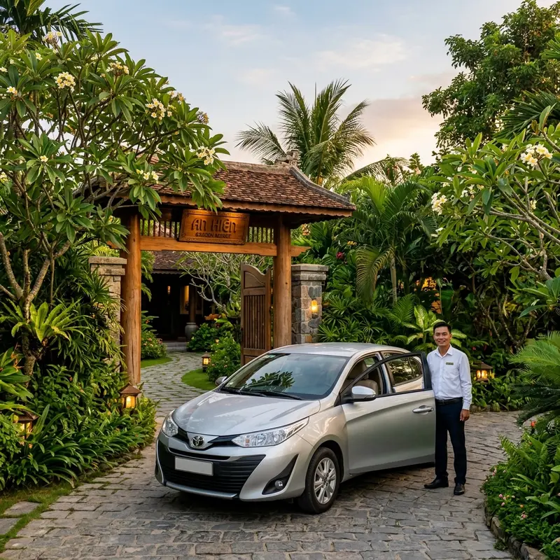 Xe sedan đón khách tại lối vào resort vườn cây xanh tại Hội An