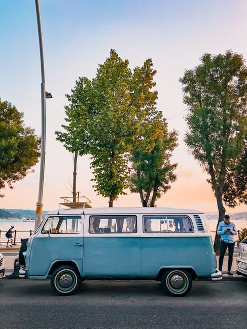 Classic light blue van parked under trees by a serene waterfront at sunset.