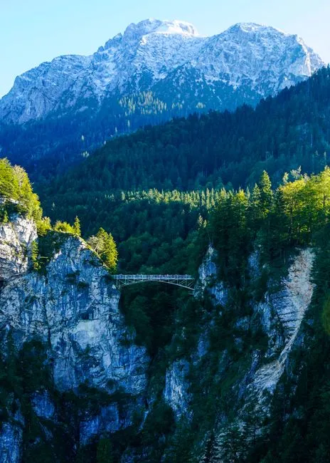 Scenic view of a bridge spanning a mountainous forest landscape during summer.