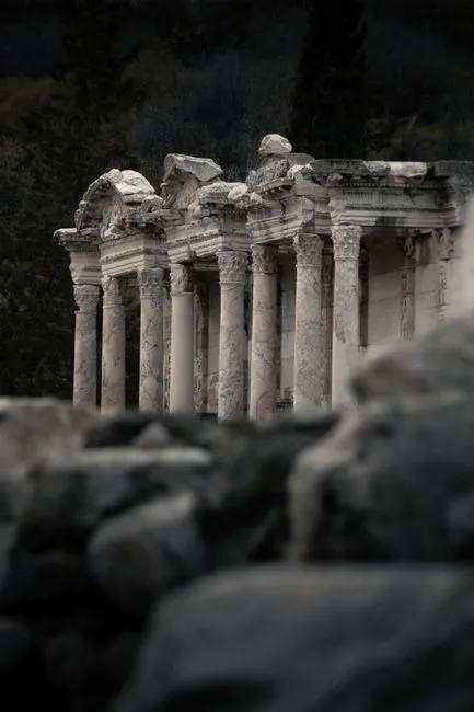 Dramatic view of ancient marble columns at Ephesus, Türkiye.