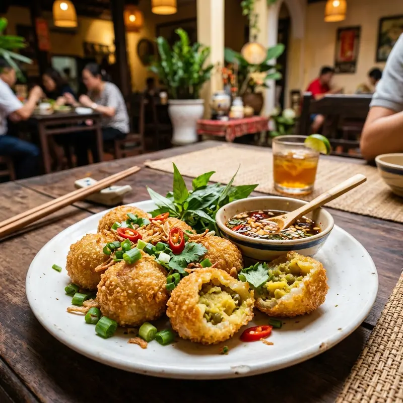Hình ảnh đĩa chả ram tôm đất Huế vàng giòn hấp dẫn, cắt đôi thấy nhân đậu xanh và tôm bên trong, bày trên đĩa sứ trắng với rau thơm xanh mướt, chụp tại không gian quán ăn truyền thống Huế, món đặc sản cố đô ăn sập xứ Huế