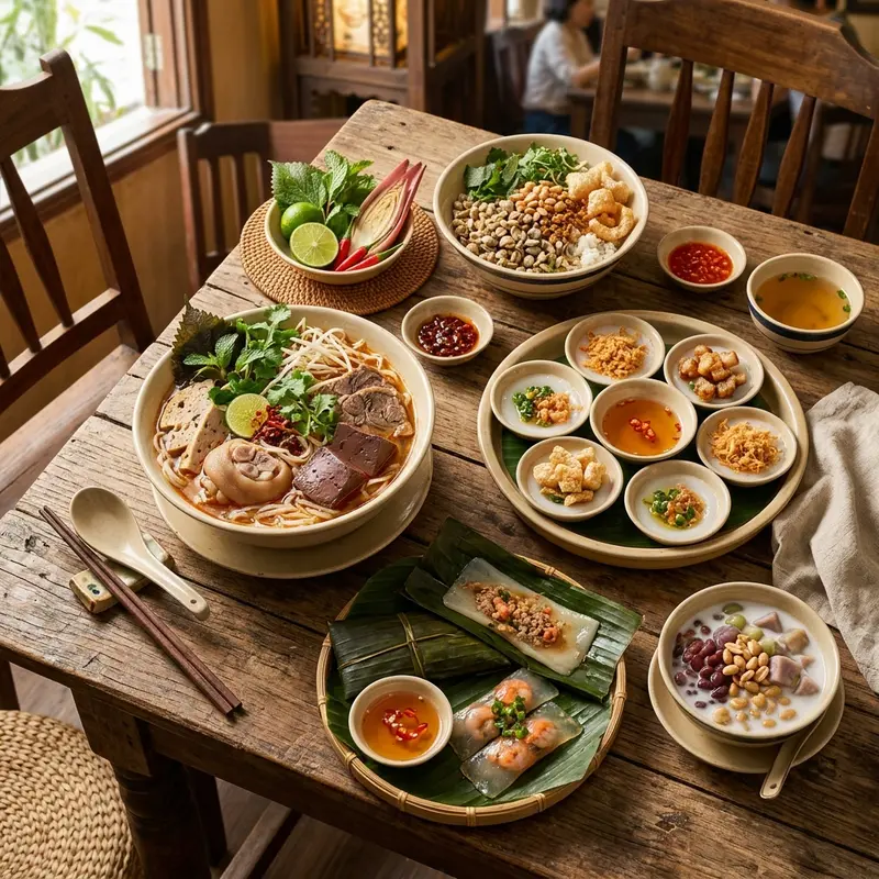 Hình ảnh tổng quan bàn ăn Huế với nhiều món đặc sản bày biện đẹp mắt, màu sắc rực rỡ, chụp từ góc trên xuống, thể hiện sự phong phú của ẩm thực Cố đô trong bài viết ăn sập xứ Huế top 20 món ngon đặc sản