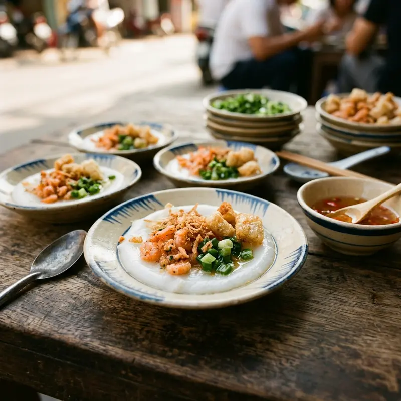 Hình ảnh cận cảnh đĩa bánh bèo Huế với nhân tôm chấy màu cam, chén nước mắm pha, bánh nậm và bánh ram ít xếp cạnh nhau trên bàn gỗ cổ kính, chụp dưới ánh sáng tự nhiên, thể hiện đặc sản ăn sập xứ Huế