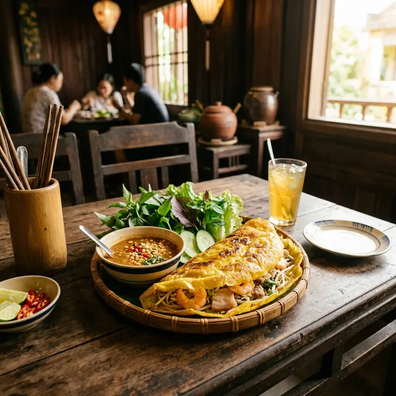 Hình ảnh chiếc bánh khoái Huế vừa ra chảo, vàng giòn rực rỡ, đặt cạnh chén tương gan đặc sánh màu nâu đỏ và đĩa rau sống tươi xanh, chụp tại quán ăn cổ kính ở Huế, đặc sản cố đô không thể chối từ