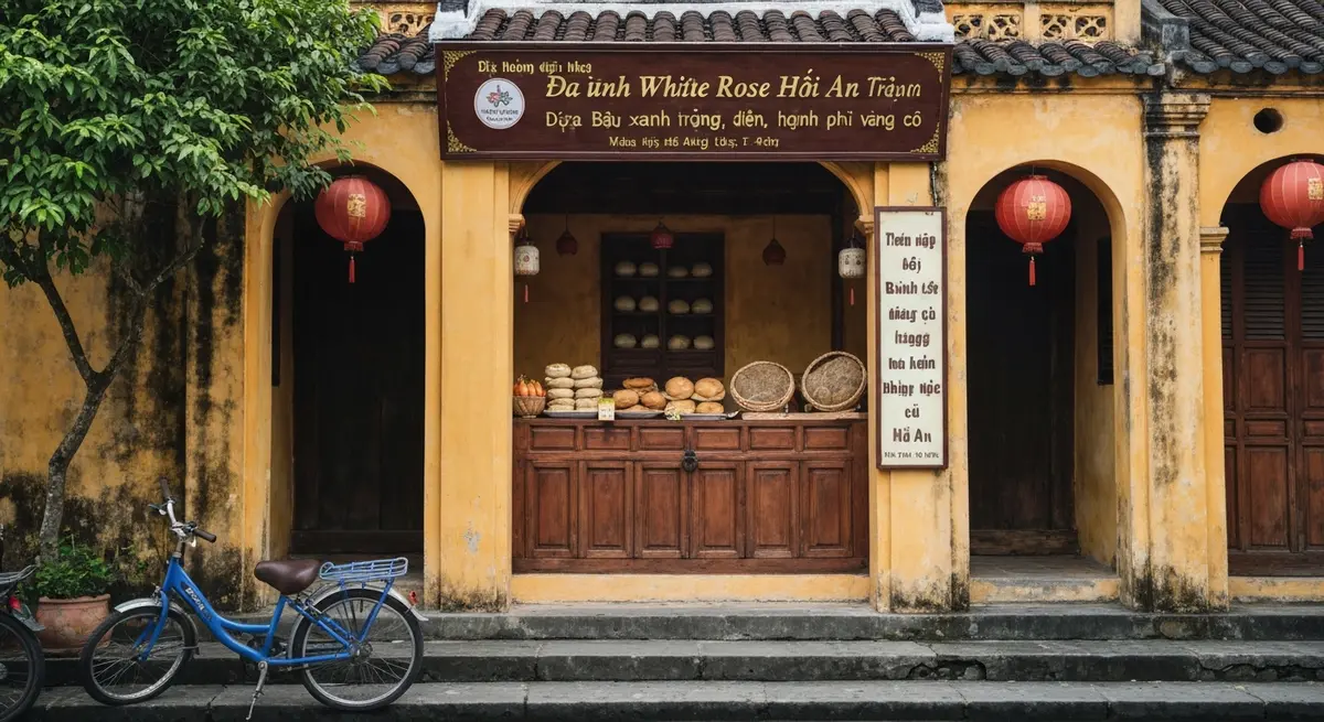 Đĩa bánh bao bánh vạc White Rose Hội An trắng tinh xếp thành hình hoa hồng trên đĩa sứ xanh trắng cổ điển, hành phi vàng rắc trên mặt, ánh đèn vàng của nhà hàng cổ Hội An – đặc sản nhất định phải thử khi hỏi ăn gì ở Hội An