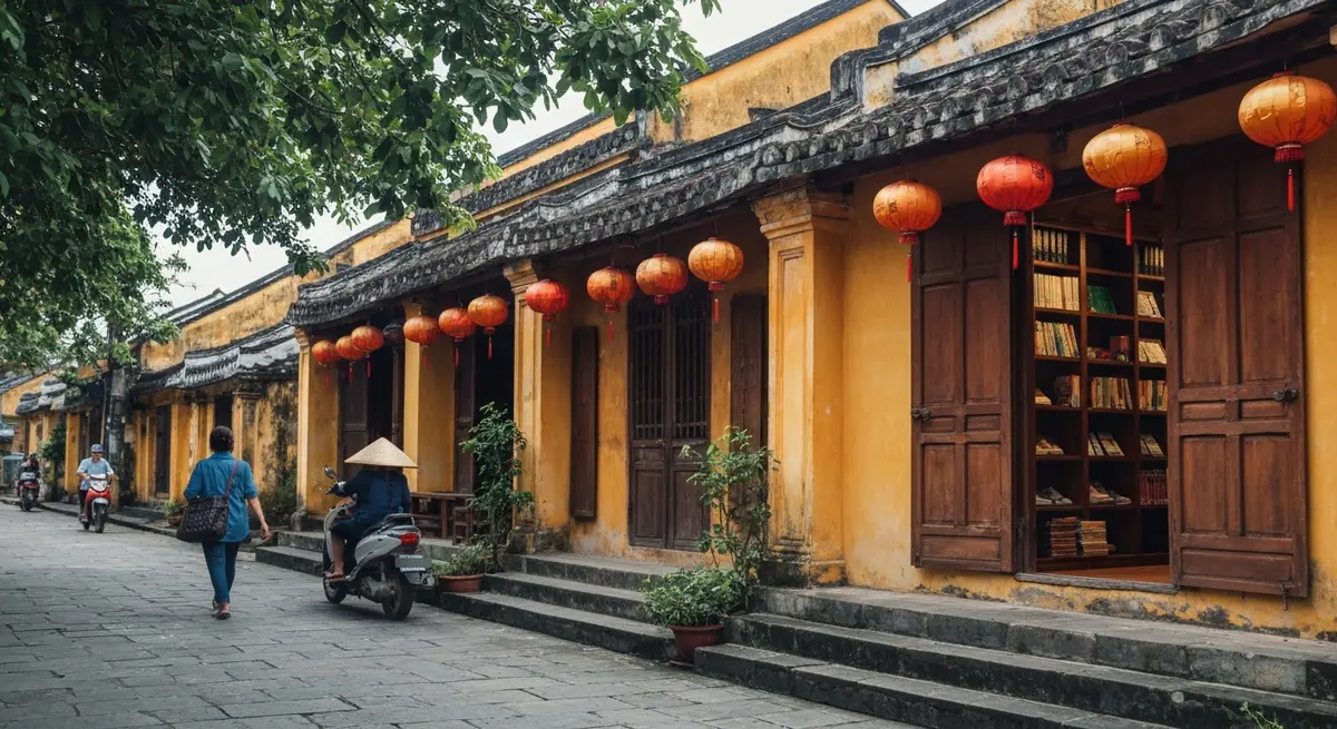 Hình ảnh góc chụp từ trên cao của khu phố cổ Hội An buổi sáng sớm, khói bếp bay lên từ các hàng quán ven đường, ánh nắng vàng chiếu qua những mái ngói rêu phong, thể hiện không khí ẩm thực đặc trưng khi ăn gì ở Hội An