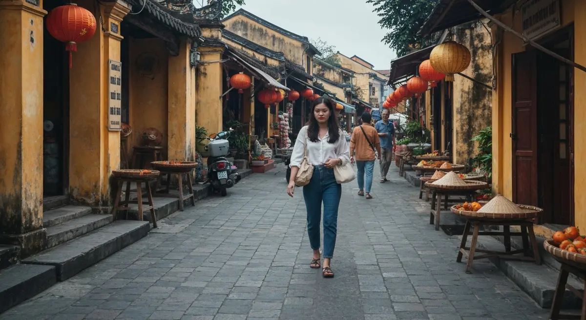 Cận cảnh chiếc bánh mì Hội An vừa được cắt đôi, nhân thịt quay patê chả lụa rau thơm đầy ắp, khói bốc lên nhẹ nhàng, nền là con phố cổ Hội An buổi sáng – đặc sản ăn gì ở Hội An nổi tiếng thế giới