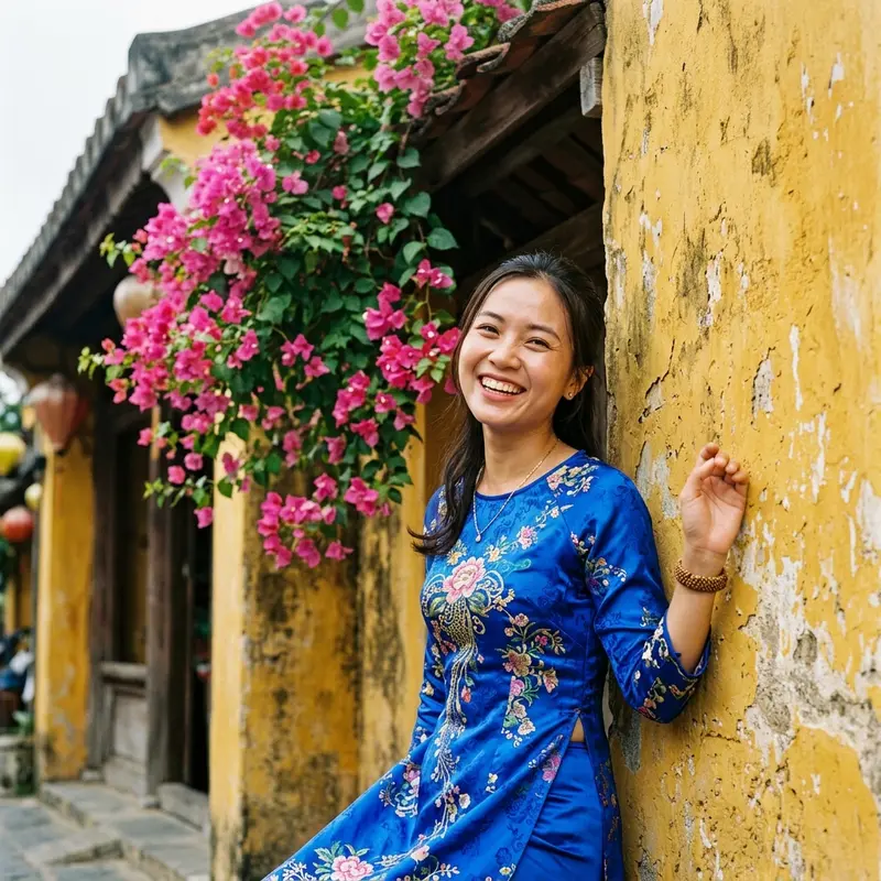 Nụ cười rạng rỡ của thiếu nữ trong tà áo dài truyền thống bên bức tường vàng cổ kính tại Hội An
