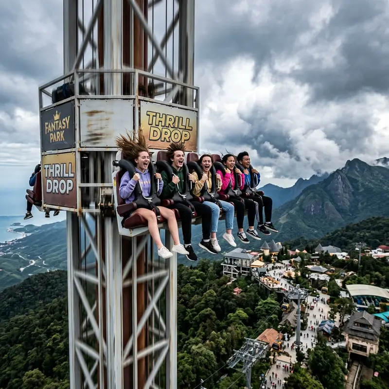 Tháp rơi tự do Fantasy Park Bà Nà Hills — biểu tượng cảm giác mạnh trên đỉnh núi 1.487m giữa mây trắng bao phủ