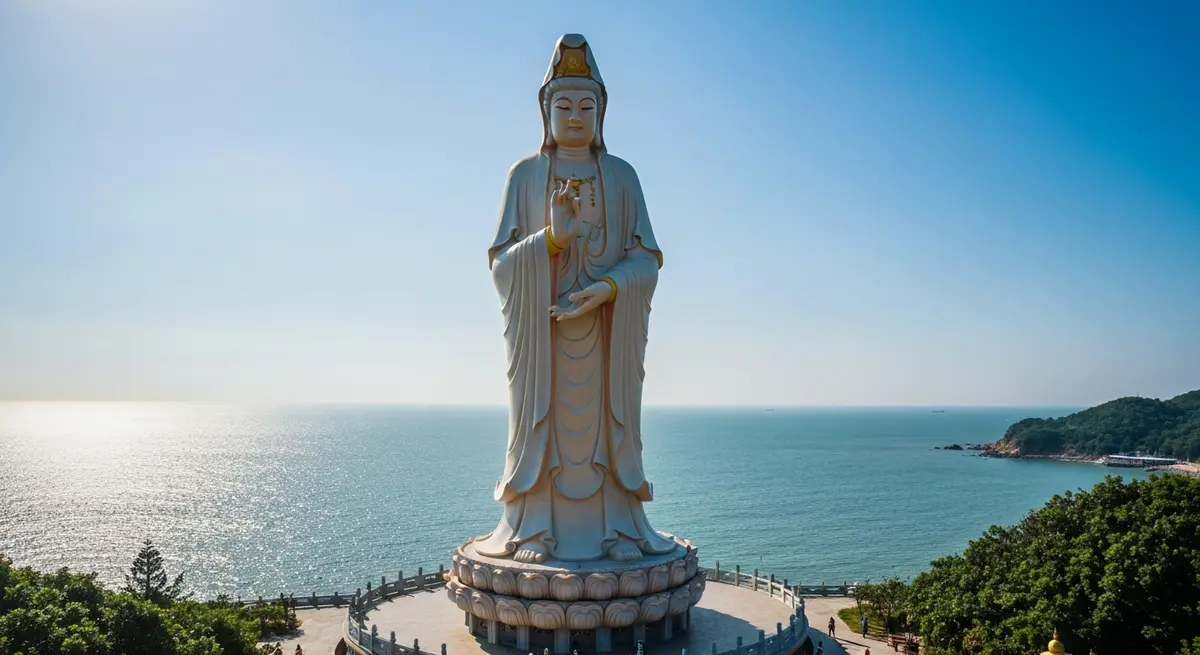Tượng Phật Quan Thế Âm Bồ Tát cao 67 mét tại chùa Linh Ứng Bãi Bụt Sơn Trà nhìn từ góc 45 độ với nền biển xanh Đà Nẵng