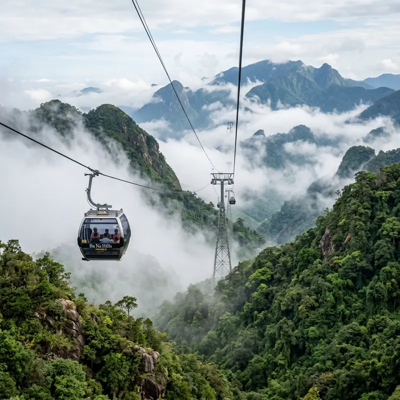 Cáp treo Ba Na Hills băng qua những làn sương mờ ảo cuộn quanh đỉnh núi Chúa hùng vĩ