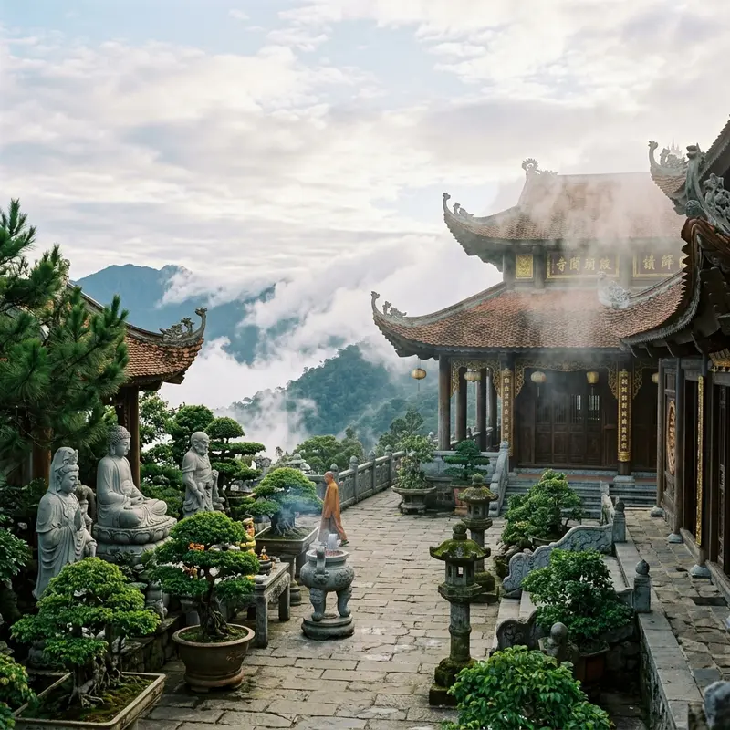 Không gian thanh tịnh cổ kính của ngôi chùa tọa lạc bình yên trên đỉnh Ba Na Hills mây ngàn