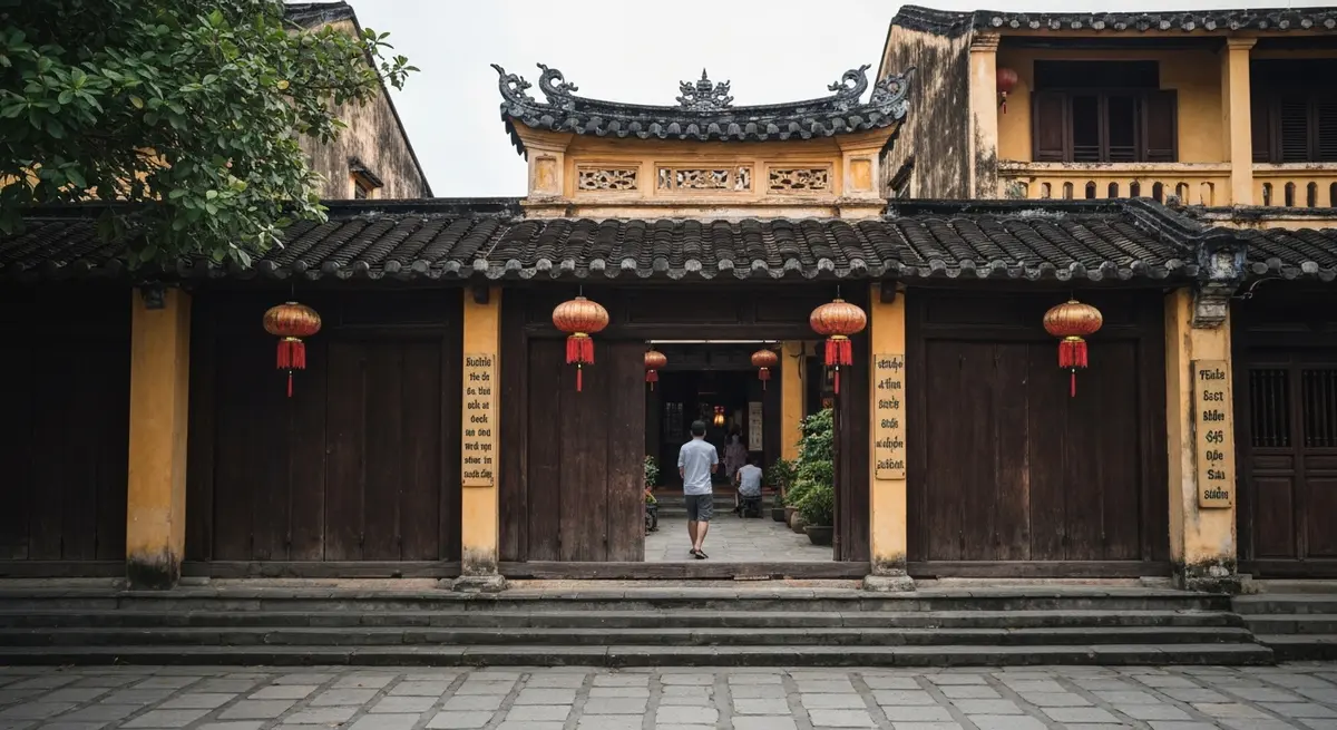 Toàn cảnh bãi biển An Bàng Hội An nhìn từ trên cao vào buổi sáng sớm, bãi cát trắng trải dài, nước biển xanh trong, vài chiếc thuyền thúng của ngư dân đậu ven bờ, ánh nắng vàng nhạt chiếu xuống mặt biển phẳng lặng