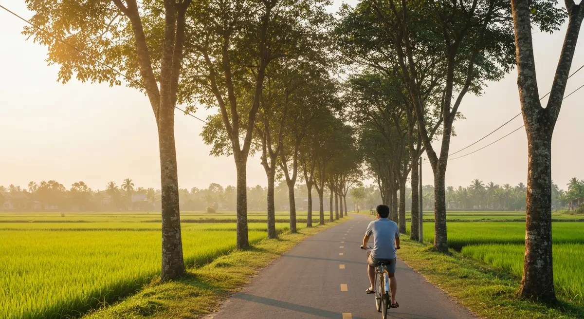 Con đường làng yên tĩnh dẫn từ phố cổ Hội An ra biển An Bàng, hai bên là ruộng lúa xanh và hàng cây, một người đang đạp xe trên đường vào buổi sáng sớm, ánh nắng dịu nhẹ