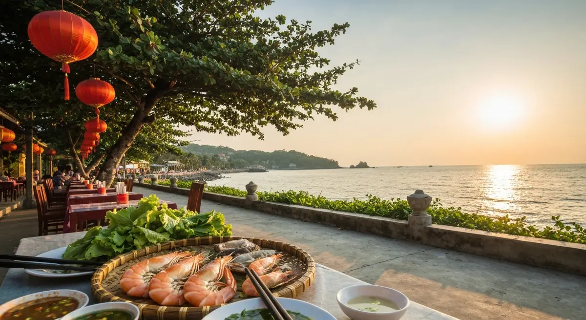 Bữa ăn hải sản tươi ngon tại quán bình dân gần biển An Bàng Hội An, mâm cơm với ghẹ luộc, tôm nướng, mực xào, rau sống, nước chấm, trên bàn gỗ đơn giản, không khí bình dân ấm cúng