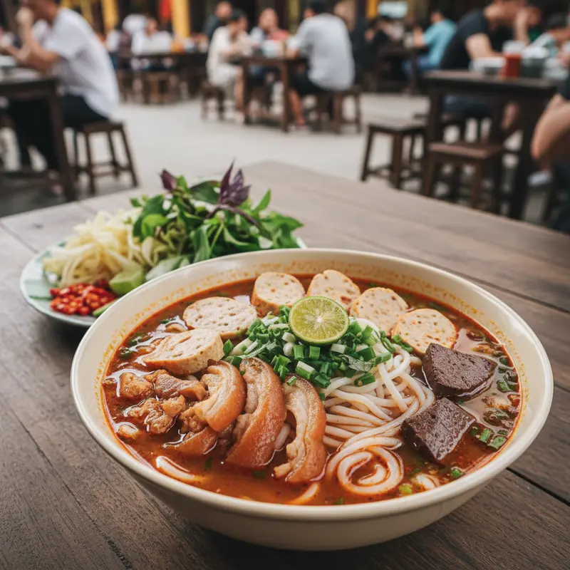 Tô bún bò Huế chuẩn vị gốc với giò heo, chả cua, huyết, chan nước dùng đỏ au từ sả ớt và mắm ruốc đặc trưng của các quán bún bò Huế ngon nhất cố đô