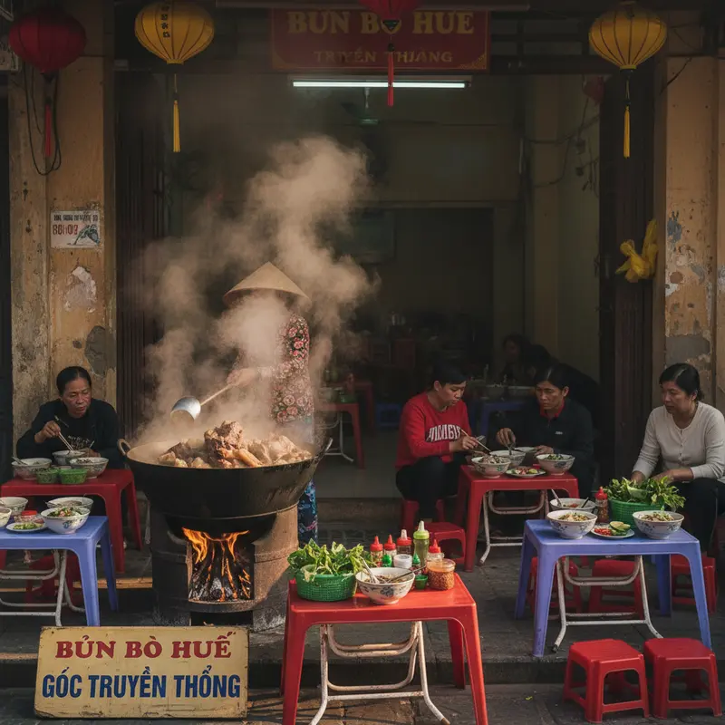 Không gian quán bún bò Huế gốc truyền thống buổi sáng sớm với khách ngồi ghế thấp, bàn nhựa, hơi nước bốc lên từ nồi nước dùng lớn đặt trên bếp củi ở Huế