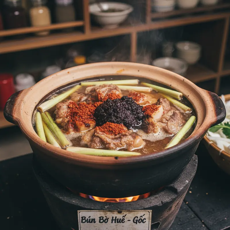 Cận cảnh nguyên liệu nấu bún bò Huế gốc gồm mắm ruốc Huế, sả tươi đập dập, ớt bột đỏ và xương bò hầm đang sôi liu riu trong nồi đất truyền thống