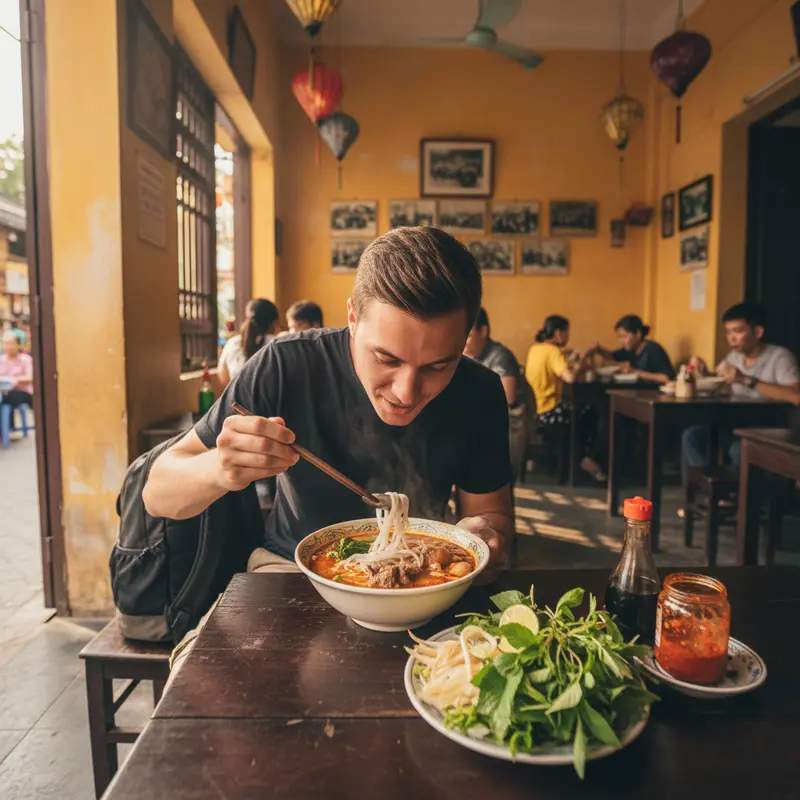 Du khách ngồi thưởng thức tô bún bò Huế chuẩn vị tại quán truyền thống, không gian buổi sáng sớm với ánh nắng vàng chiếu qua, chụp từ góc nghiêng 45 độ