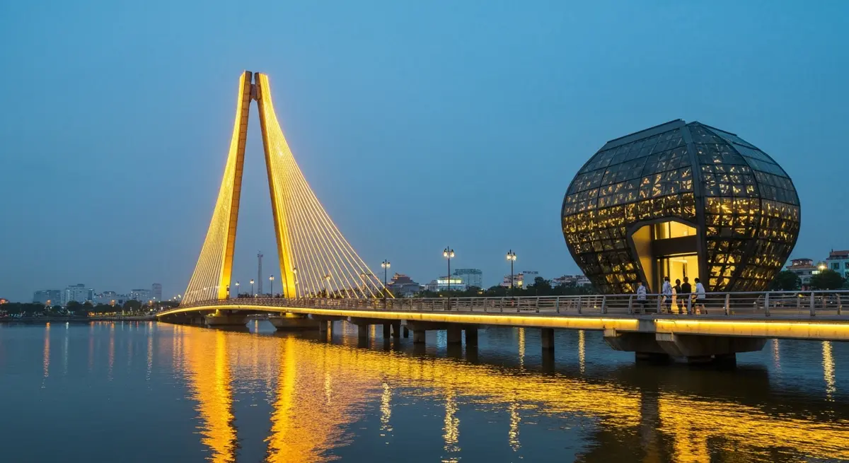 Cầu Quay Sông Hàn Đà Nẵng đang xoay về đêm với ánh đèn vàng phản chiếu trên mặt nước, check-in cầu sông Hàn đặc biệt
