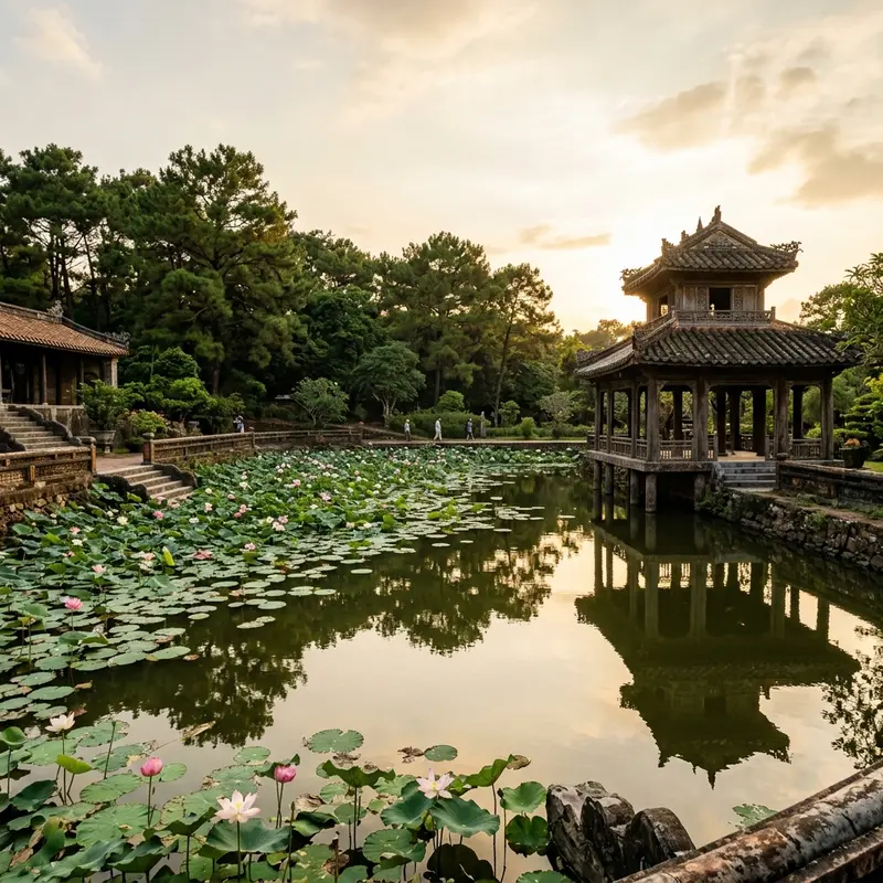Cầu Trung Đạo ở Lăng Minh Mạng phản chiếu xuống hồ Tân Nguyệt trong buổi sáng sớm, ánh sáng vàng chiếu qua rừng thông tạo hiệu ứng huyền ảo