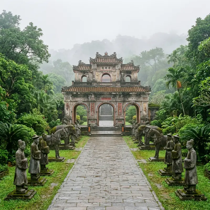 Nhà thủy tạ Xung Khiêm Tạ ở Lăng Tự Đức nằm trên hồ Lưu Khiêm, bao quanh bởi rừng thông và sen nở, ánh sáng chiều vàng rực