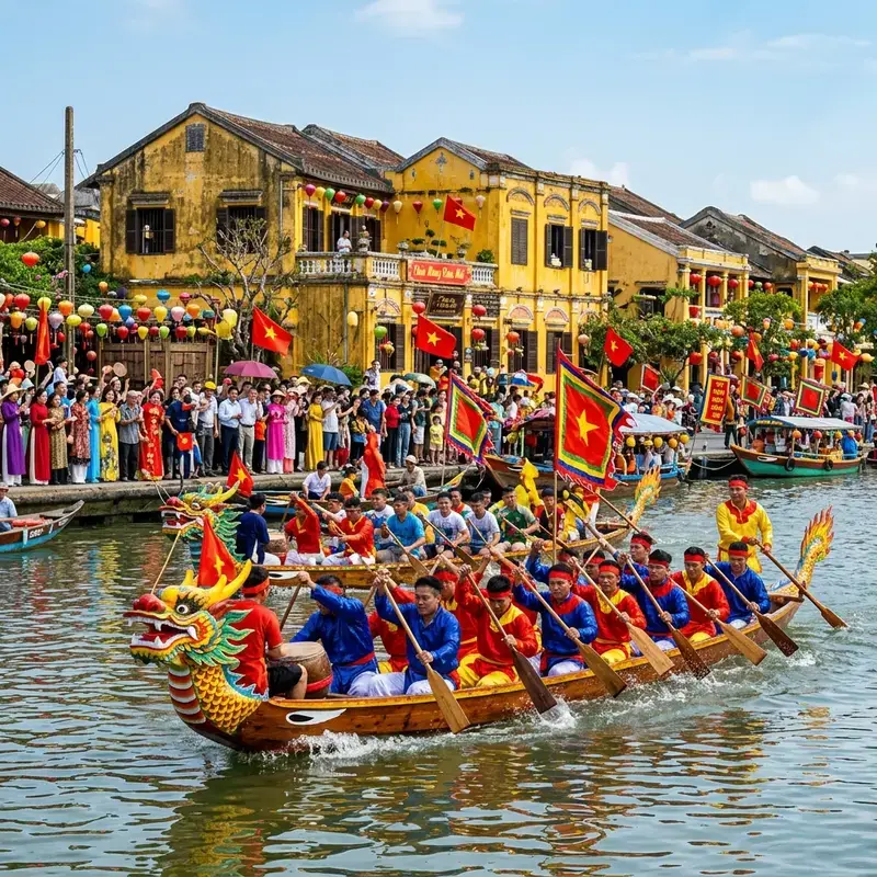 Nghi lễ dâng hương tại Hội Quán Phúc Kiến Hội An trong dịp Tết Nguyên Tiêu, khói hương nghi ngút, người dân mặc áo dài truyền thống, một trong những lễ hội truyền thống đặc sắc tại Hội An