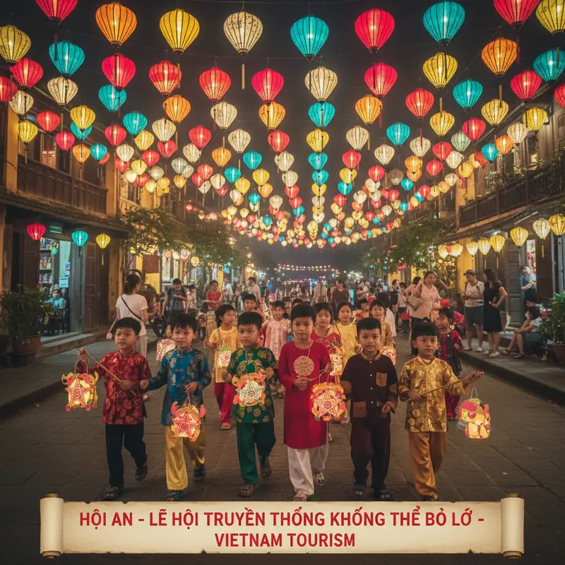 Trẻ em Hội An rước đèn lồng truyền thống trong đêm Tết Trung Thu, phố cổ rực rỡ ánh đèn lồng đủ màu sắc, lễ hội truyền thống không thể bỏ lỡ tại Hội An