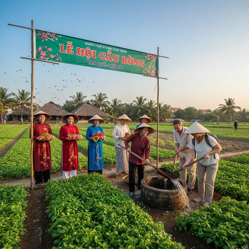 Người dân làng rau Trà Quế Hội An trong lễ hội cầu bông truyền thống, cảnh tưới rau bằng gàu gỗ, du khách tham gia trải nghiệm nông nghiệp, nét văn hoá lễ hội đặc sắc tại Hội An