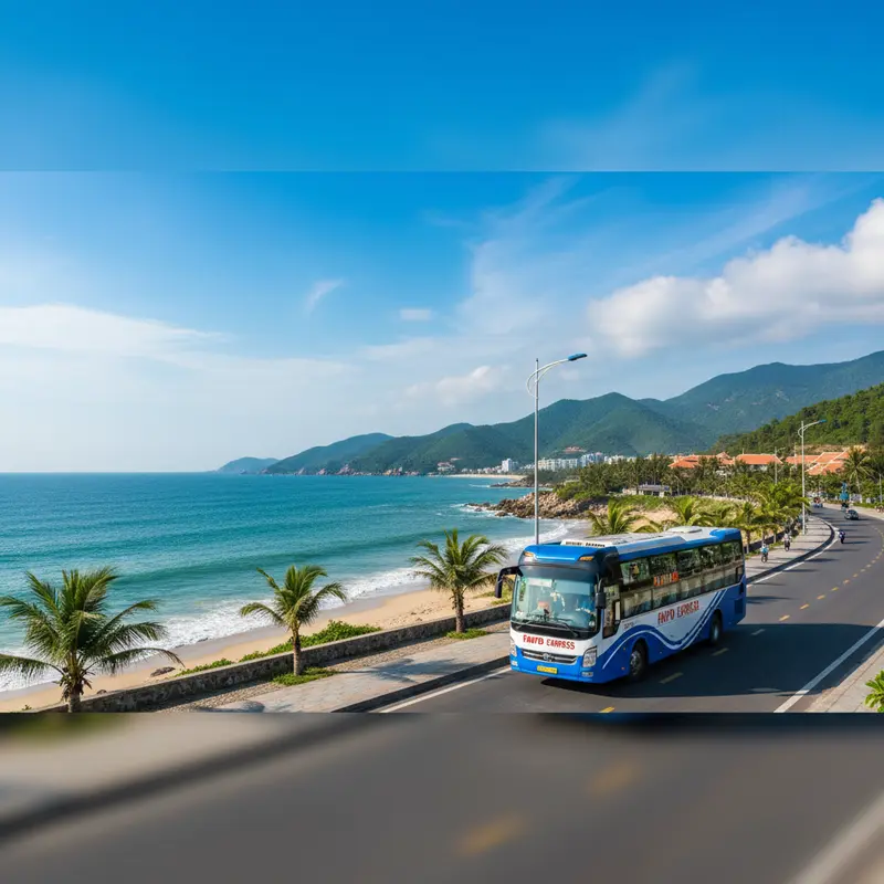Xe đưa đón du lịch Faifo Express chạy trên đường ven biển Đà Nẵng hướng về Hội An, trời xanh nắng đẹp, cảnh quan miền Trung