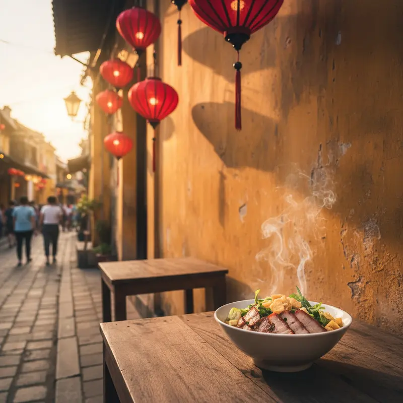Góc phố cổ Hội An với tô cao lầu bốc khói trên bàn gỗ, nền là bức tường vàng và đèn lồng đỏ, ánh nắng chiều vàng ấm