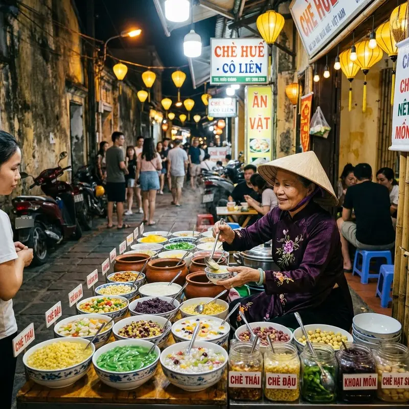 Một gánh chè hẻm Huế truyền thống với nhiều loại chè đầy màu sắc bày trong chén sứ, người bán mặc áo dài tím, ánh đèn vàng hắt lên những hàng chè đậu xanh, chè bột lọc, chè hạt sen trong con hẻm nhỏ xứ Huế