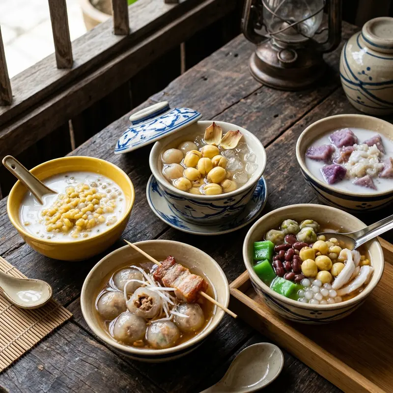 Cận cảnh các loại chè Huế đặc trưng gồm chè hạt sen, chè bột lọc bọc thịt quay, chè đậu ván trắng và chè khoai tím được bày trong chén sứ trắng mỏng, rắc hoa lài, nền gỗ cũ mang phong vị cổ kính