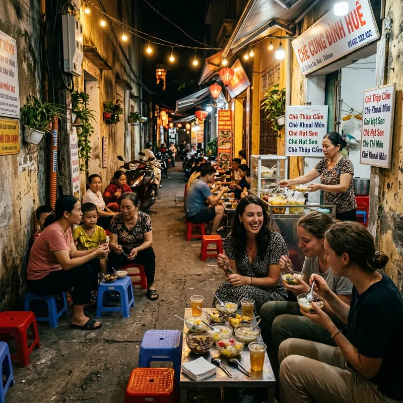 Du khách nước ngoài và người địa phương cùng ngồi trên ghế nhựa thấp trong con hẻm Huế, thưởng thức chè hẻm dưới ánh đèn vàng buổi tối, không khí ấm cúng gần gũi đặc trưng của ẩm thực đường phố Huế