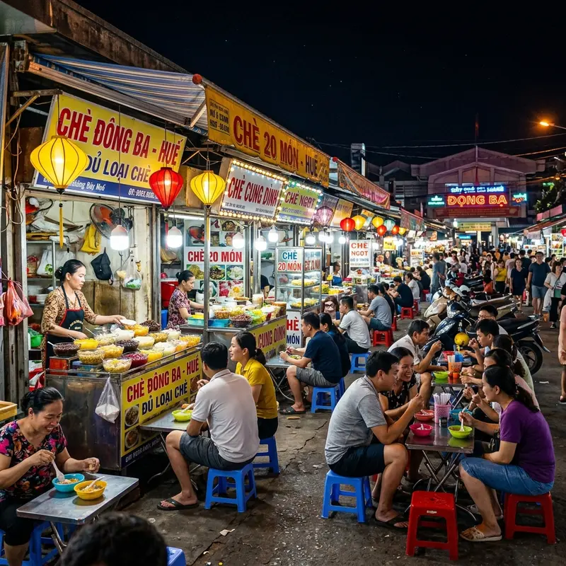Cảnh buổi tối tại phố chè Huế gần chợ Đông Ba, đèn vàng lung linh, nhiều gánh chè bày sát nhau, khách ngồi trên ghế nhựa thấp thưởng thức chè, không khí nhộn nhịp đặc trưng của ẩm thực đêm Huế