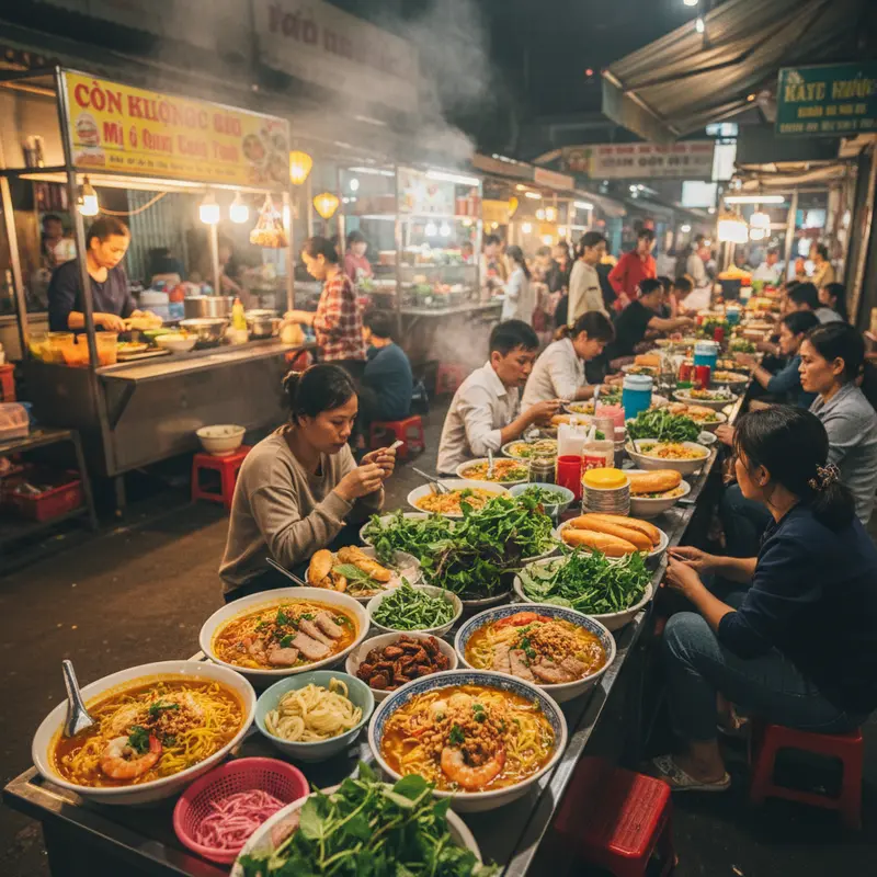 Toàn cảnh khu ẩm thực tầng trệt Chợ Cồn Đà Nẵng vào buổi sáng sớm, khói bếp bay lên, các quán mì Quảng và bánh mì tấp nập khách, ánh đèn vàng ấm áp chiếu xuống những tô ăn đầy màu sắc đặc trưng ẩm thực miền Trung