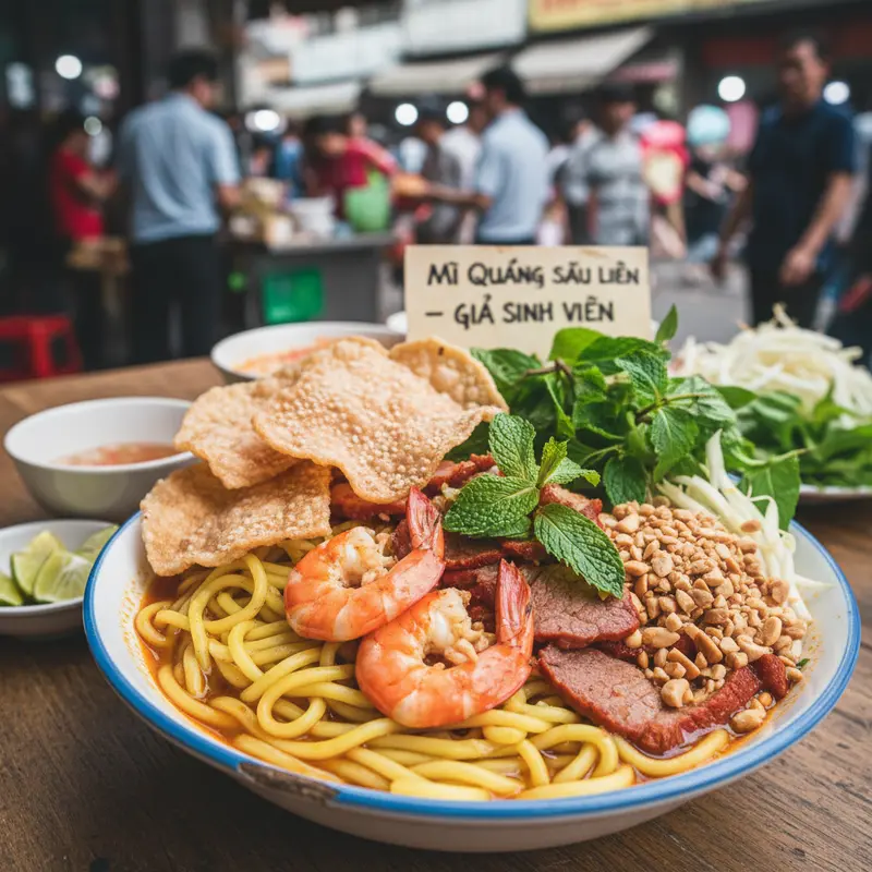 Cận cảnh tô mì Quảng đặc trưng Đà Nẵng tại Chợ Cồn với sợi mì vàng, nhân tôm thịt đỏ au, bánh tráng nướng, lạc rang và rau sống xanh tươi, thể hiện ẩm thực miền Trung giá sinh viên