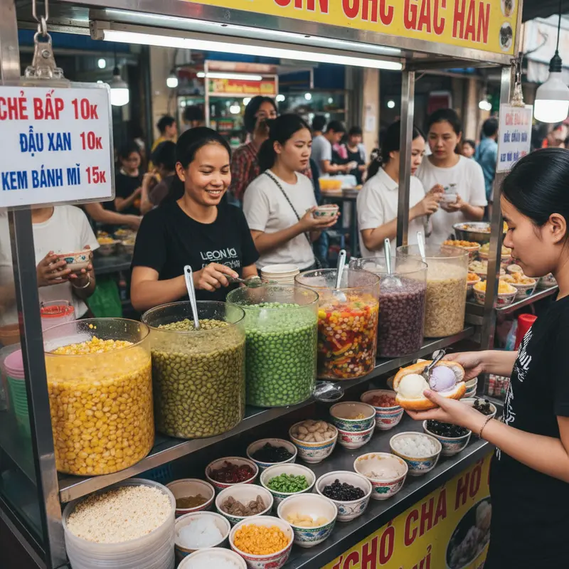 Hàng chè và các món tráng miệng miền Trung tại khu ẩm thực Chợ Cồn Đà Nẵng, nhiều màu sắc rực rỡ từ chè bắp vàng, chè đậu xanh, kem bánh mì đặc sản Đà Nẵng giá sinh viên