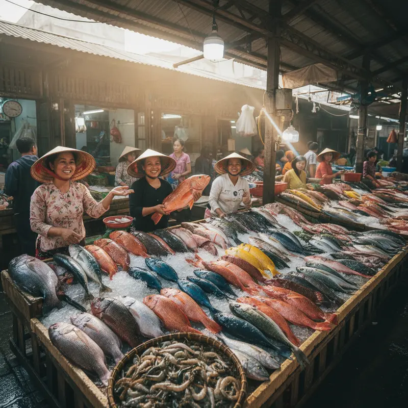 Góc chụp ảnh đẹp tại khu hàng cá tươi Chợ Cồn Đà Nẵng, những người bán hàng trong trang phục truyền thống, cá biển miền Trung đủ màu sắc tươi sáng, ánh sáng tự nhiên chiếu vào tạo không khí chợ truyền thống
