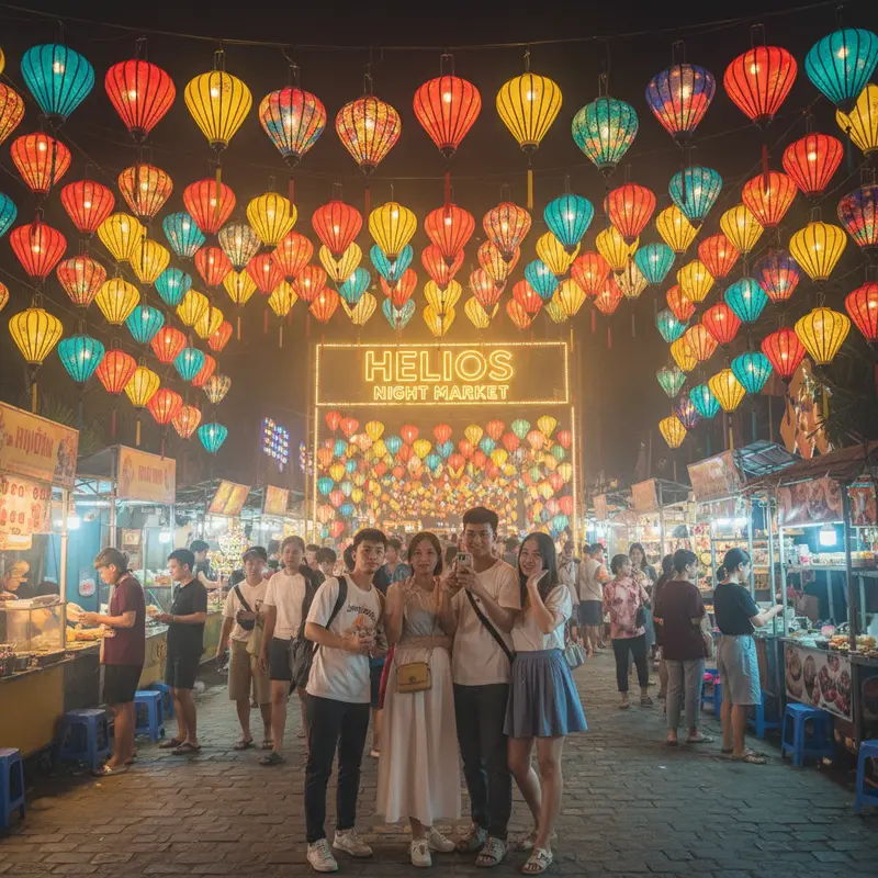 Góc check-in đèn lồng rực rỡ tại chợ đêm Helio Đà Nẵng với hàng trăm đèn lồng treo cao, du khách chụp ảnh lưu niệm trong không gian lung linh về đêm