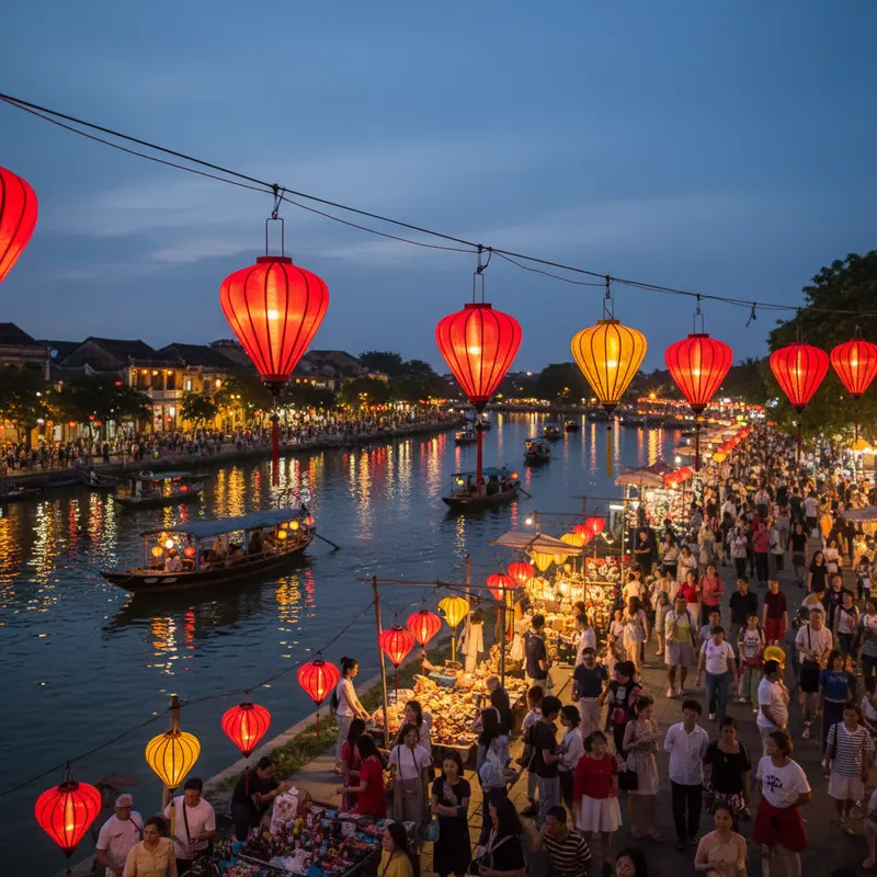 Toàn cảnh chợ đêm Hội An về đêm với ánh đèn lồng đỏ rực phản chiếu xuống sông Hoài, du khách đông đúc dạo bộ trên cù lao An Hội