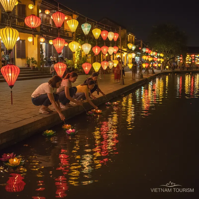 Du khách đang thả thuyền hoa đăng trên sông Hoài Hội An vào ban đêm, đèn lồng đỏ vàng lung linh phản chiếu trên mặt nước
