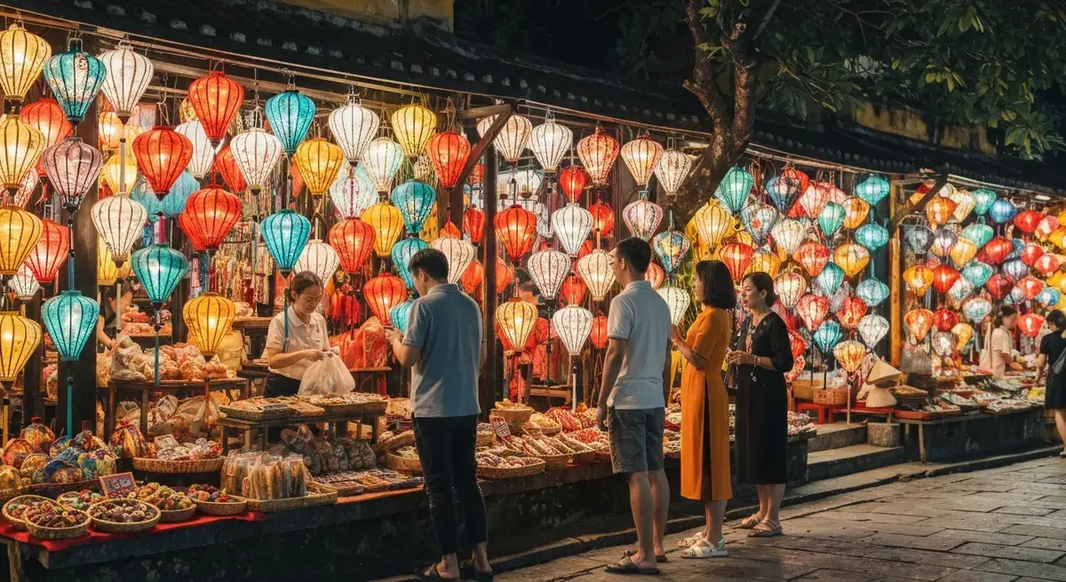 Các gian hàng đèn lồng đủ màu sắc tại chợ đêm cù lao An Hội Hội An, người bán và du khách đang mặc cả