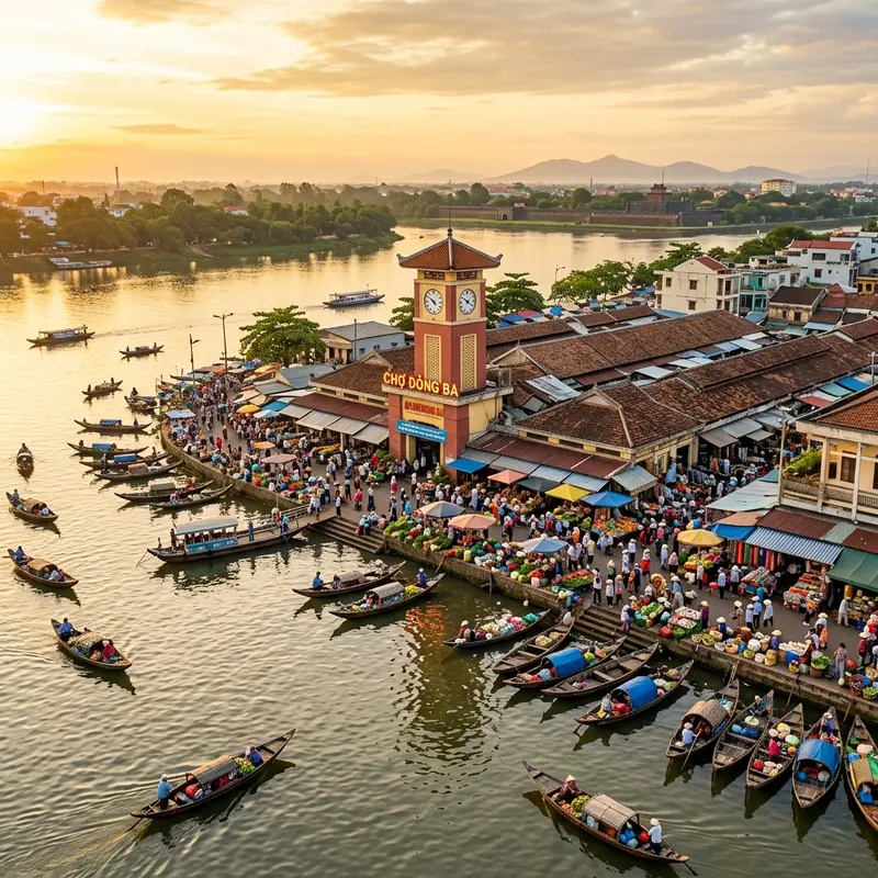 Hình ảnh toàn cảnh chợ Đông Ba Huế nhìn từ phía sông Hương, tháp đồng hồ cổ nổi bật giữa khu chợ sầm uất, người mua bán tấp nập buổi sáng sớm