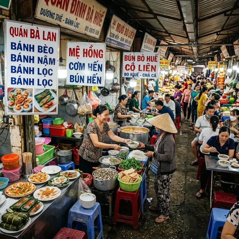 Góc ẩm thực trong chợ Đông Ba Huế với các sạp bán bánh bèo, bánh nậm, cơm hến, bún bò Huế đặc trưng, người bán và mua tấp nập trong không gian chợ truyền thống