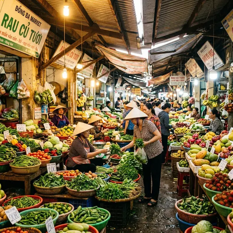 Khu hàng tươi sống chợ Đông Ba Huế lúc sáng sớm, các sạp cá tươi, rau củ quả, người bán người mua đông đúc, ánh đèn vàng trong không gian chợ truyền thống Huế