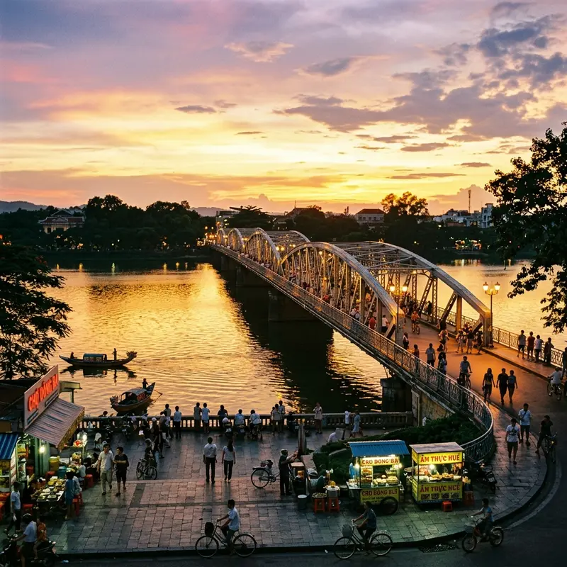 Cầu Trường Tiền Huế lúc hoàng hôn nhìn từ khu vực chợ Đông Ba, ánh sáng vàng phản chiếu trên sông Hương, du khách đi dạo trên cầu