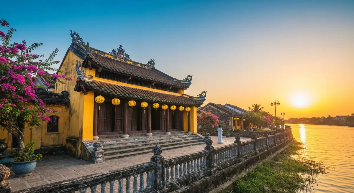 Toàn cảnh Chùa Cầu Hội An nhìn từ phía sông Hoài vào buổi sáng sớm, ánh đèn lồng vàng phản chiếu xuống mặt nước, kiến trúc mái ngói cong đặc trưng Nhật Bản – Việt Nam